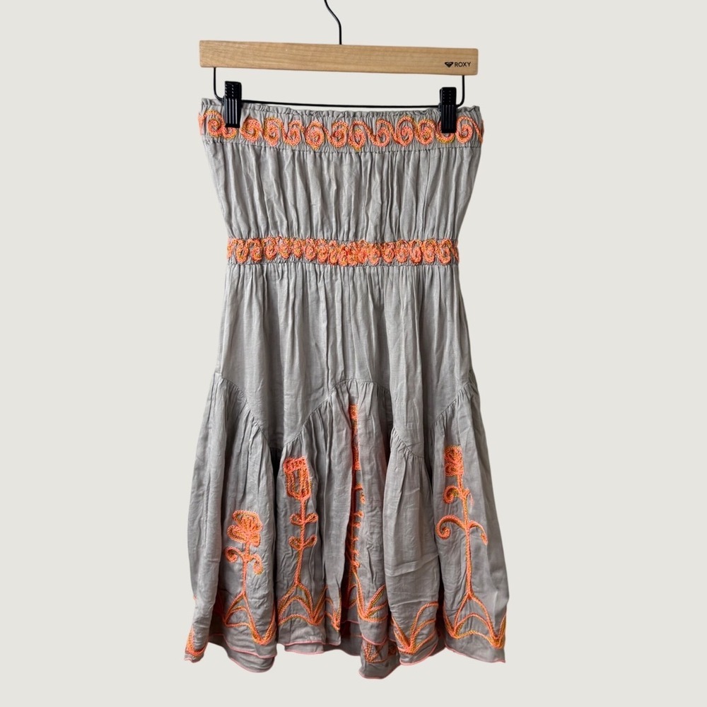 Poupette St Barth Dress Gray Orange Embroidered Strapless Boho Resort 1 Small